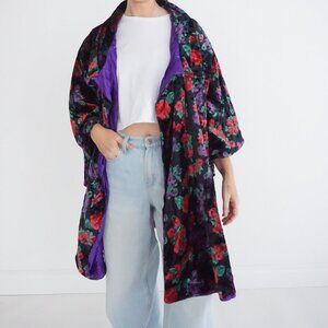 Vintage Black Floral Velvet Kimono Duster Open Front Evening Jacket Boho L